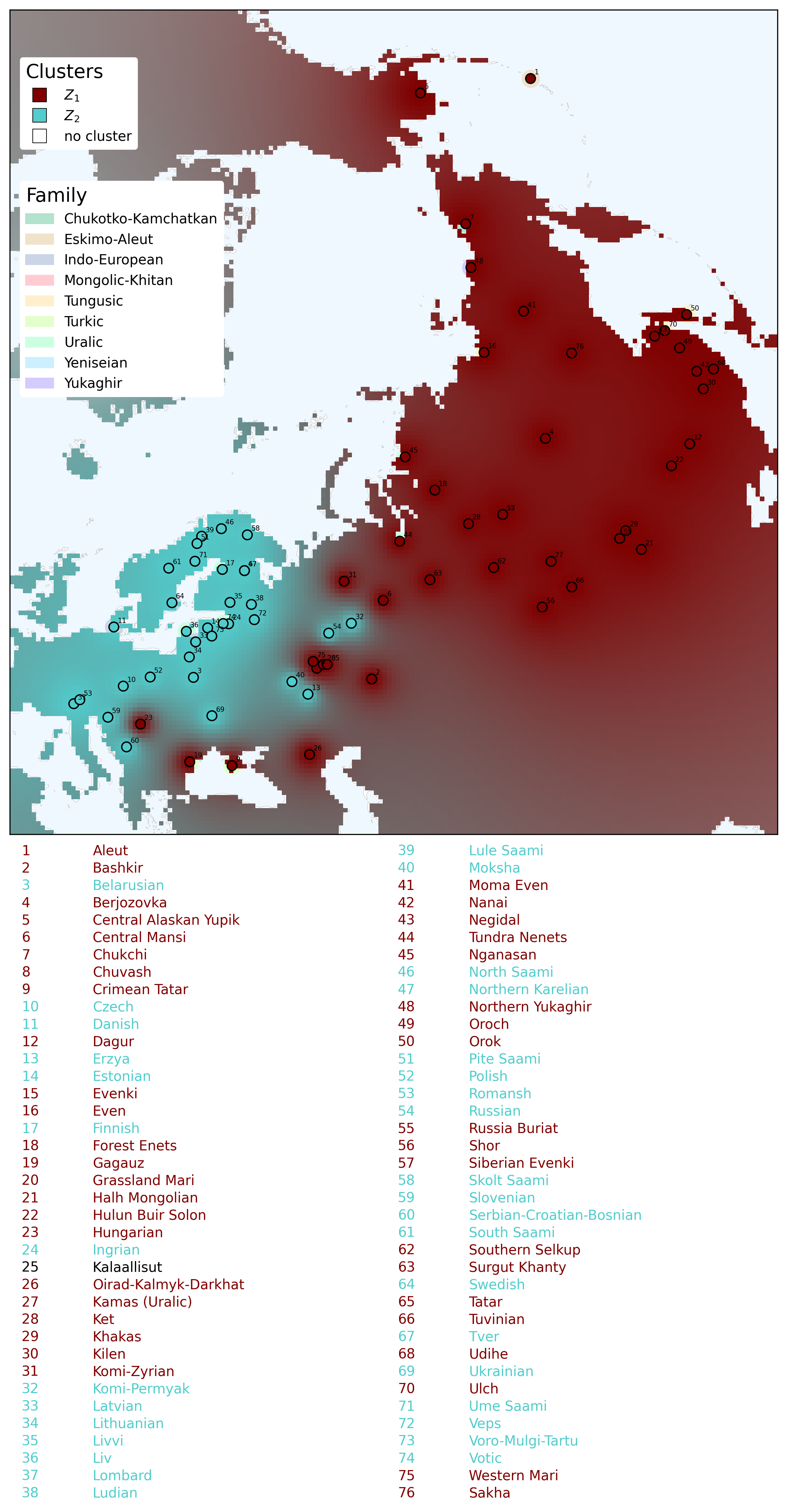 An IDW map of an sBayes language analysis with two clusters.